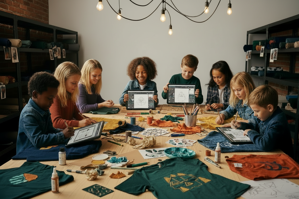 A group of children sitting around a table in a creative studio, working on projects with tablets, paint, and t-shirts. A sign on the wall reads 'KIDS DESIGN SERIES'.